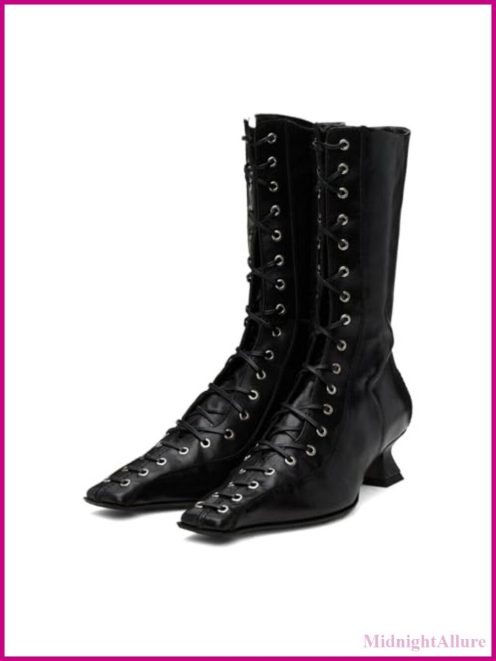 Lace Up Mid Calf Boots Pointed Square Toe Kitten Heel Vintage Booties